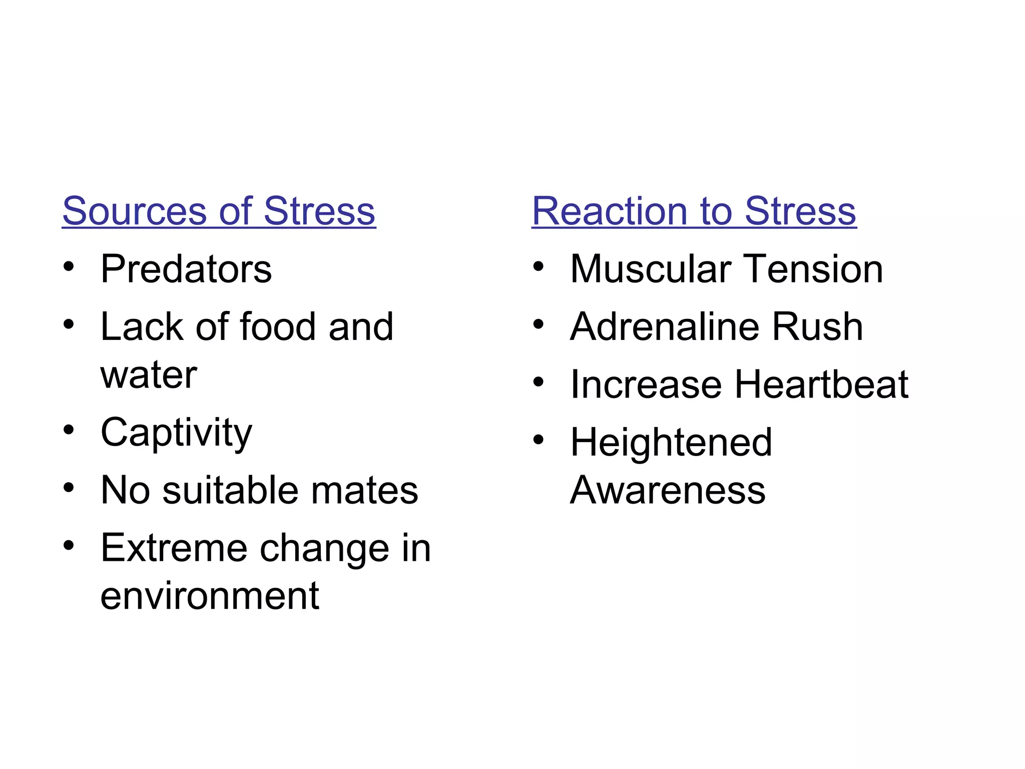 Sources of Stress     Reaction to Stress
• Predators           • Muscular Tension
• Lack of food and    • Adrenaline Rush
  water               • Increase Heartbeat
• Captivity           • Heightened
• No suitable mates     Awareness
• Extreme change in
  environment
 
