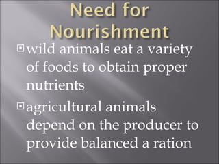 wild animals eat a variety of foods to obtain proper nutrients agricultural animals depend on the producer to provide balanced a ration 