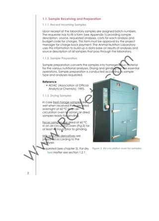 Reagents / Solutions
Digestion reagents
• Catalyst tablet composition: 5 g K2SO4 , 0.15 g TiO2 , 0.15 g
CuSO4.5H2O, Foss, cat. No. A15270010
• Concentrated sulfuric acid H2SO4 (96-98%).
Distillation solution
40% sodium hydroxide solution:
• 400 g of NaOH (99%)
• 1 l distilled water.
Indicator solution
• Boil 4 l distilled water
• Add 160 g boric acid (H3BO3)
• Cool to next day
• Add 2.8 ml methy l red
• Add 4 ml bromocresol green.
Titration solution
• 0.1142 N sulfuric acid H2SO4 (Merck 1.9981: Titrisol for 1 l, H2SO4, 0.5
mol/l)
• Empty Titrisol ampoule into 1 l volumetric ﬂask
• Make up with distilled water to 1 l
• Transfer total contents of volumetric ﬂask into 10 l Nalgene container
• Add 7757 ml of distilled water.
Equipment
• Precision balance (Fig. 5)
• Fume hood (Fig. 12)
• Digestion block heater (Tecator 2020, Foss, Denmark) with exhaust
manifold connected to water aspirator for 20 digestion tubes (Fig.11)
• Distillation unit (Vapodest 30,Gerhardt, Germany) (Fig.10)

Figure 10. Automatic distillation unit (Kjeldahl) and automatic burette for titration

8

 