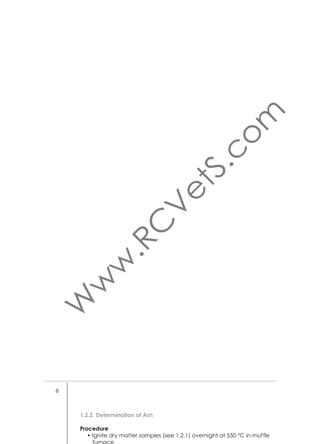 Figure 13. Soxhlet apparatus with
control unit

Figure 14. Soxhlet extraction beaker unit
with thimble and boiling stones inside

Equipment
• Precision balance (Fig. 5)
• Soxhlet (Soxtherm S306 A, Gerhardt GmbH, Germany) (Fig. 13)
• Air-circulation oven (Fig. 6)
• Extraction beakers with boiling stones (Fig. 14)
• Extraction thimbles (Fig. 14)
Reference
• Undersander D, Mertens DR and Thiex N. 1993.
• AOAC. 1995.
• Instruction Manual Soxtherm S306 A. 2000.

1.6. Detergent Fiber Analyses
Important fractions of feed are ﬁbers that affect the digestibility. They
consist of cellulose, hemicelluloses and polysaccharides that are bound
to protein and phenols, especially to lignin. Detergent ﬁber is the residue of plant cells after fractionation using detergent solutions for the
volatilization of protein and starch.
1.6.1. Determination of Neutral Detergent Fiber (NDF)
Principle
Insoluble ﬁber in feed is determined as neutral detergent ﬁber (NDF).
Neutral detergent solution recovers its main components cellulose,
hemicelluloses and lignin.
11

 