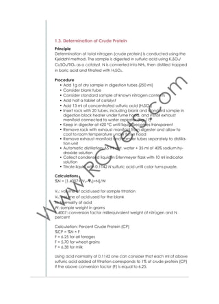 • 9.12 g disodium hydrogen phosphate (Na2HPO4)
• 20 ml 2–ethoxy–ethanol (C4H10O2)
• Adjust pH 6.9–7.1.
Equipment
• Precision balance (Fig. 5)
• Reﬂuxing apparatus (Fig. 15)
• Vacuum ﬁltering system with
trap in line (Fig. 16)
• Desiccator (Fig. 7)
• Berzelius beakers (600 ml)
• Sintered glass crucibles
(coarse porosity 1) (Fig. 17).
References
• Goering HK and VanSoest
PJ. 1970.
• Van Soest PJ, Robertson JB
and Lewis BA.1991.
1.6.2. Determination of Acid
Detergent Fiber (ADF)
Principle
Acid detergent ﬁber is determined as the residue remaining after adding an acidiﬁed
solution. It is the NDF without
the hemicelluloses. Cell soluble,
hemicelluloses and soluble minerals dissolve. Cetyl trimethyl-ammonium bromide (CTAB) separates proteins from the remaining
cellulose and lignin, and minerals
(ash). The acid detergents solution recovers cellulose and lignin.

Figure 16. Vacuum ﬁltering system with
trap in line

ADF determination is a preparation step for lignin determination.
Procedure
• Add 0.5–1 g sample (Ws) in
600 ml Berzelius beaker
• Add 100 ml of acid detergent solution
• Boil for one hour on reﬂuxing
apparatus

13

Figure 17. Glass crucible, porosity 1

 