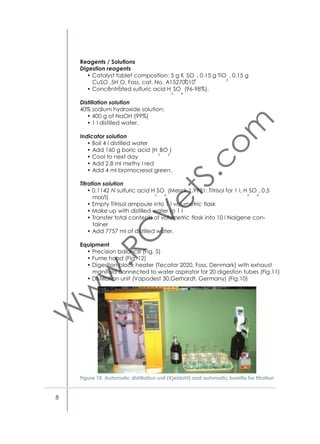 •
•
•
•
•
•
•
•
•

Fill crucible about half full with sulfuric acid and stir
Reﬁll three times at room temperature
Leave for three hours stirring every 15 min with glass rod
Filter under vacuum
Rinse twice with 400 ml hot water
Dry overnight at 105 °C
Cool in desiccator and weigh (W0)
Ash at 550 °C for three hours
Cool in desiccator and weigh (Wa).

Calculations
%ADL = [(Wa–W0)/Ws]×100
Reagents / Solutions
72% sulfuric acid solution
• 735 ml concentrated sulfuric acid (98%)
• Add 265 ml water.
Equipment
• Precision balance (Fig. 5)
• Mufﬂe furnace (550 °C) (Fig. 8)
• Sintered glass crucibles (coarse porosity 1) (Fig.17)
• Desiccator (Fig. 7).
References
• Goering HK and VanSoest PJ. 1970.
• AOAC. 1995.
1.6.4. Determination of Acid–Detergent Insoluble Nitrogen (ADIN)
Principle
ADIN is determined as the nitrogen remaining in ADF residue. In this
manual the percentage of Acid Detergent Insoluble Nitrogen (ADIN)
on DM basis is determined from the total ADF residue that is trapped in
ﬁlter paper.
Procedure
• Dry ﬁlter paper overnight at 100 °C and weigh (W0)
• Weigh 1 g air dry sample in 600 ml Berzelius beaker (Ws)
• Add 100 ml acid detergent solution
• Boil for 1 h on reﬂuxing apparatus
• Filter onto ﬁlter paper using funnel with vacuum suction
• Wash beaker with hot distilled water to remove all ﬁber particles
into ﬁlter paper
• Use blanks (ﬁlter paper washed with ADF solution) to estimate nitrogen in paper and reagents
• Soak twice with boiling water after filling funnel with vacuum off for 2 minutes

15

 