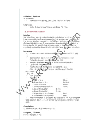 •

•

•

•
•

•

•
•

•

18

Shake the container 10 times and allow bags to soak for 10 minutes. Repeat with fresh acetone. Pour out acetone and place
bags on a wire screen to air–dry
Exception – Roasted soybean: Due to the processing of roasted
soya, a modiﬁcation is required at the extraction stage. Place
roasted soy samples into a container with a top. Pour enough
acetone into container to cover bags and secure top. Shake the
container 10 times and pour off acetone. Add fresh acetone and
allow samples to soak for twelve hours. After soaking time, pour out
acetone and place bags on a wire screen to air–dry
Place a maximum of 24 bags into the Bag Suspender. All nine trays
should be used regardless of the number of bags being processed.
Place three bags per tray and then stack trays on center post with
each level rotated to 120 degrees. Insert the Bag Suspender with
bags into the ﬁber analyzer vessel and place the Bag Suspender
weight on top to keep it submerged. Prior to inserting the Bag Suspender, if the vessel temperature is warm from a previous run, add
cold water and exhaust
When processing 24 sample bags, add 1900–2000 ml of ambient
temperature AD solution to the ﬁber analyzer vessel. If processing
less than 20 bags, add 100 ml/bag of AD solution (use a minimum
of 1500 ml to ensure Bag Suspender is covered).
Turn Agitate and Heat ON and conﬁrm agitation. Set timer for 60
min and close lid
At end of extraction, turn Heat and Agitate off. Open the drain
valve (slowly at ﬁrst) and exhaust hot solution before opening lid.
The solution in the vessel is under pressure. The exhaust valve needs
to be opened to release the pressure and solution prior to opening
the lid
After the solution has been exhausted, close the exhaust valve
and open the lid. Add 1900–2000 ml of (70–90 °C) rinse water. Turn
Agitate on and rinse for 5 min. The lid may be sealed with the Heat
On or left open with the Heat Off. Repeat hot water rinses a total
of four times or until water is of neutral pH
When the rinsing process is complete remove the samples. Gently
press out excess water from bags. Place bags in a 250 ml beaker,
add enough acetone to cover bags and soak for 3–5 min
Remove bags from acetone and place on a wire screen to air–dry
Completely dry in oven at 105±2 °C (most ovens will complete
drying within 2–4 hours). Do not place bags in the oven until the
acetone has completely evaporated
Remove bags from oven, place directly into a collapsible desiccant
pouch and ﬂatten to remove air. Cool to ambient temperature and
weigh bags (W3). Do not use conventional desiccator container.

 