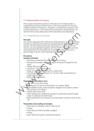 Determination of the response factor
The following formula is used to calculate
the response factor (Ka)
Ka = (Sa/S)/(1/Ca)
Where:
Ka: response factor of component “a”.
Sa: pic surface of component “a”.
S: pic surface of the internal standard.
Ca: concentration of component “a” in
the standard solution “A”.
The composition of the standard solution
“A” is as follows:
• Acetic acid (C2)
6.00 g
• Propionic acid (C3)
1.00 g
• Isobutyric acid (IC4)
0.125 g
• Butyric acid (C4)
1.75 g
0.25 g
• Isovaleric acid (IC5)
• Valeric acid (C5)
0.25 g
After injecting the silage sample, VFA
contents are determined according to
the formula:
Ca = (Sa/S)/(1/Ka)

Figure 43. Typical chromatogram of silage juice (C2:
acetic acid; C3: propionic
acid; IC4: Iso-butyric acid;
C4: butyric acid; IC5: Isovaleric acid; C5: Valeric
acid; IS: Internal standard

Where
Ca: concentration of component “a” in the silage sample
Sa: Pic surface of component “a” of the silage sample
S: Pic surface of the internal standard injected concomitantly with the
silage sample
Ka: Response factor of component “a”
References
• Jouany JP. 1981.
2.3.6. Lactic Acid
Lactic acid gives an indication of the quality of forage fermentation,
being produced almost exclusively by the lactobacilli responsible for
good silage fermentation and effective preservation. Grass silages
typically have lactic acid contents of 60–150 g/kg, higher values suggesting more rapid fermentation, better protein preservation and less
likelihood of fermentation of by-products that reduces intake. Like butyric acid, lactic acid contents maybe expressed as a proportion of the

55

 