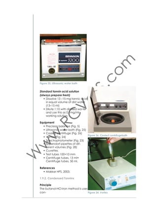 Figure 44. Water bath

Figure 46. Gerber milk butyrometer

Figure 45. Gerber centrifuge

Figure 47. Volumetric pipettes

3.5. Fat, Protein Total Solids and Lactose Analysis
Principle
The analysis of milk with the Milkoscan device is based on absorption of
Near Infrared energy at speciﬁc wavelength:
• by CH groups (3.48 μm) and carbonyl groups of fat (5.723 μm)
• by peptide bonds of protein molecules (6.465 μm), and
• by OH groups in lactose molecules (9.610 μm).

61

 