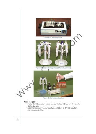 Phenolphthalein indicator 1%
• Weigh 1g of phenolphthalein in volumetric ﬂask 100 ml
• Dissolve in ethanol and make up to volume.
Calculations
%acidity of milk = [(Va×0.009)/Vm ]×100
where:
Va : volume of 0.1N NaOH
Vm : volume of milk sample
0.009 : conversion factor from milliliter of 0.1N NaOH to gram of lactic acid
Equipment
• Glass burette 50 ml capacity with 0.1 ml graduation (Fig.10)
• Round bottomed white porcelain dish, 100 ml (Fig. 52)
• Pipette 10 ml
• Pipette 1 ml
• Stirrer
• Stirring rods.
References
• AOAC. 2000.

3.10. Volatile Fatty Acids
Principle
Fat samples are esteriﬁed and evaporated in the GC system; fatty
acids are separated in a stationary phase of the installed column depending on the chemical characteristics.
Sample preparation
Extraction (Folch et al. 1957)
• 1 ml milk
• 2 ml MeOH
• 1 ml CHCl3
• Vortex 1min
• 1 ml CHCl3
• 1 ml H2O
• Extract the lower part
• Evaporate with N2.
Methylation (Joachim Molkentin, Dietz Precht 2000)
• 100±20 mg of fat
• 5 ml methyl valerate standard (n–heptane, containing 0.4 mg/ml
methyl valerate).
1 ml of this solution was mixed with
• 20 μl sodium methylate solution (2 N in methanol) in a sample vial

65

 