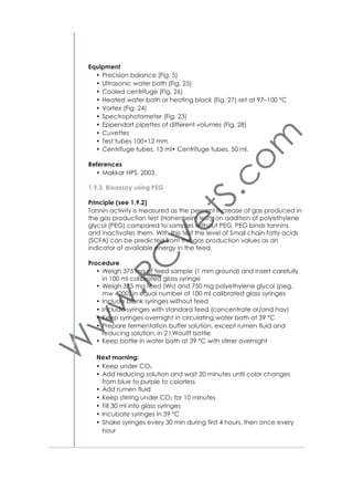 Switch off procedure
• Load the cool–heat method and click on ‘Download’
• Switch off the ﬂame and then switch off the detector by clicking
the left buttons on system monitor screen
• Wait till the FID and injector temperature are less than 100 °C, then
press the ‘System off’ button
• Close the program
• Switch off the GC
• Close running programs and shut down the PC.
Note: Do not open the oven at any time. This may damage the installed column.
If any error message appears, inform the person responsible immediately. Any delay in conveying this information could damage the
whole system.
Do not inject wet samples.
Do not inject more than 1 μl of air.
Calculations
The qualitative and quantitative
assessment of fatty acids is calculated by the GC solution software.
Reagents / Solutions
• He gas (99.999%)
• H2 gas (99.999%)
• N2 gas (99.999%)
• Sodium methylate 2N
• Methanol
• Chloroform.
Equipment
• Gas chromatograph (Shimadzu 2010) with FID system, Japan (Fig. 53)
• Vortex mixer
• Syringe 1 μl
• Pasteur pipettes.
References
• Folch J, Lees M, and Stanley GHS. 1957.
• Molkentin J and Precht D. 2000.

3.11. Organic Acids
Principle
A ﬁltered sample is carried by the mobile phase through the stationary

67

 