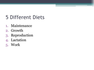 5 Different Diets
1. Maintenance
2. Growth
3. Reproduction
4. Lactation
5. Work
 