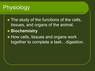 Physiology

  The study of the functions of the cells,
   tissues, and organs of the animal.
  Biochemistry
  How cells, tissues and organs work
   together to complete a task…digestion.
 