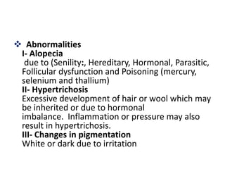  Abnormalities
I- Alopecia
due to (Senility:, Hereditary, Hormonal, Parasitic,
Follicular dysfunction and Poisoning (mercury,
selenium and thallium)
II- Hypertrichosis
Excessive development of hair or wool which may
be inherited or due to hormonal
imbalance. Inflammation or pressure may also
result in hypertrichosis.
III- Changes in pigmentation
White or dark due to irritation
 