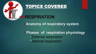 TOPICS COVERED
RESPIRATION
Anatomy of respiratory system
Phases of respiration physiology
*External respiration
*Internal respiration
 