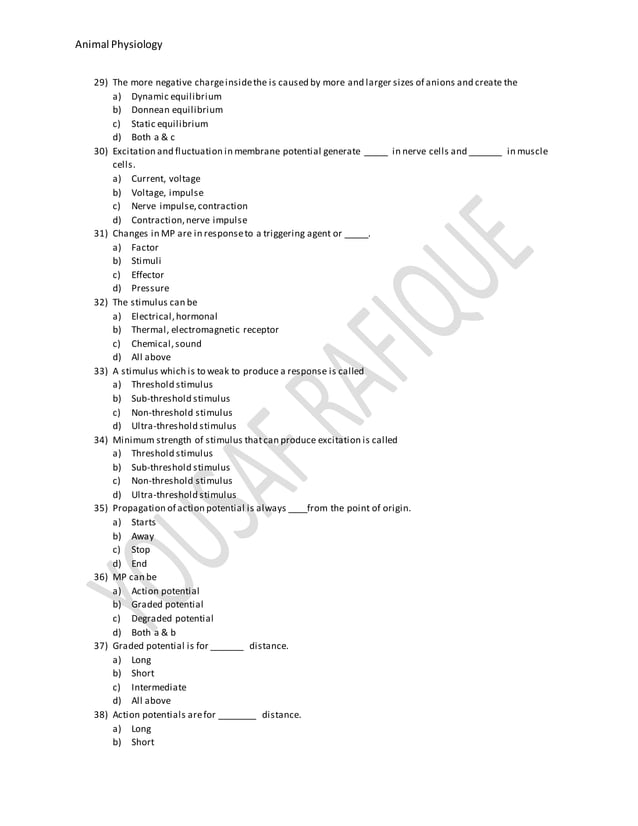 Multiple Choice Questions of Animal physiology PDF