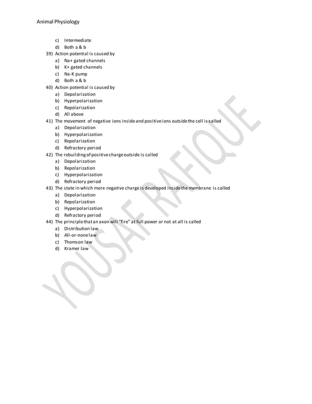 Multiple Choice Questions of Animal physiology PDF