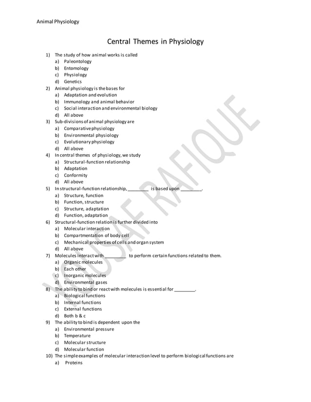 Multiple Choice Questions of Animal physiology PDF
