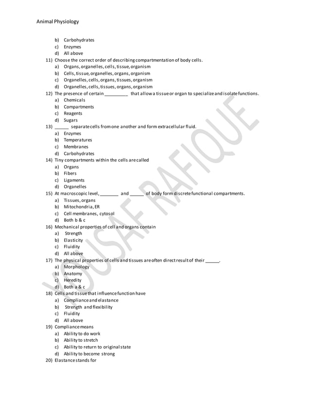 Multiple Choice Questions of Animal physiology PDF