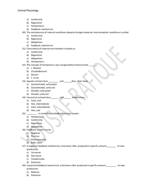 Multiple Choice Questions of Animal physiology PDF