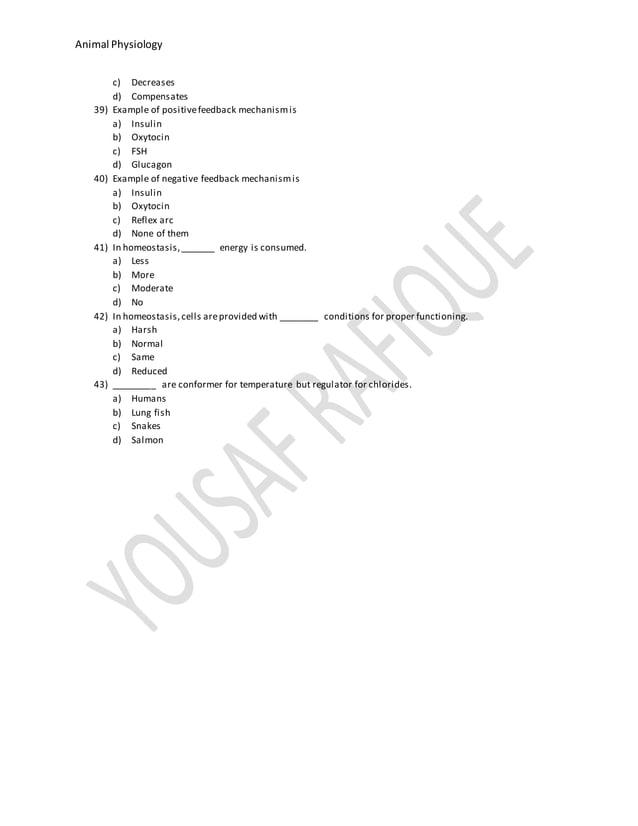 Multiple Choice Questions of Animal physiology PDF