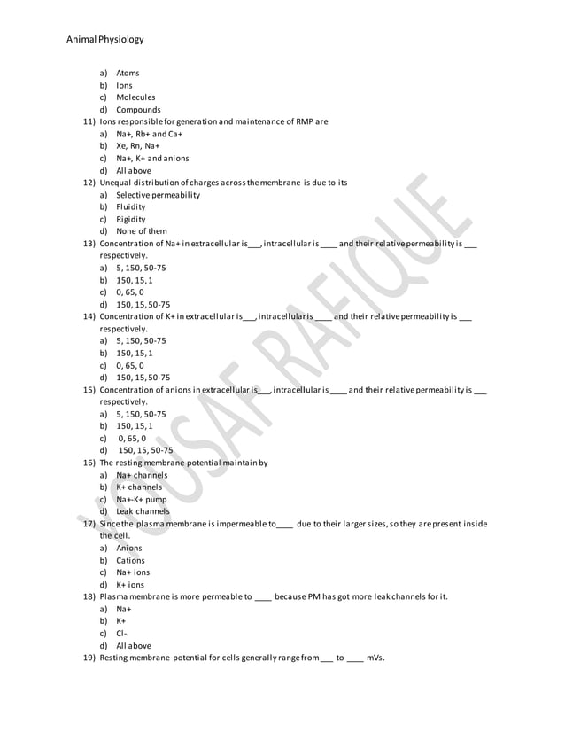 Multiple Choice Questions of Animal physiology PDF