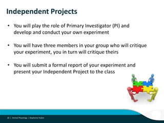 10 |10 | Animal Physiology | Stephanie Hudon
Independent Projects
• You will play the role of Primary Investigator (PI) and
develop and conduct your own experiment
• You will have three members in your group who will critique
your experiment, you in turn will critique theirs
• You will submit a formal report of your experiment and
present your Independent Project to the class
 