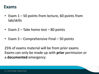 11 |11 | Animal Physiology | Stephanie Hudon
Exams
• Exam 1 – 50 points from lecture, 60 points from
lab/skills
• Exam 2 – Take home test – 80 points
• Exam 3 – Comprehensive Final – 50 points
25% of exams material will be from prior exams
Exams can only be made up with prior permission or
a documented emergency
 