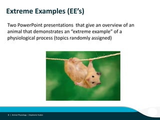 8 |8 | Animal Physiology | Stephanie Hudon
Extreme Examples (EE’s)
Two PowerPoint presentations that give an overview of an
animal that demonstrates an “extreme example” of a
physiological process (topics randomly assigned)
 