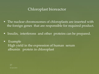  The nuclear chromosomes of chloroplasts are inserted with
the foreign genes that are responsible for required product.
 Insulin, interferons and other proteins can be prepared.
 Example
High yield in the expression of human serum
albumin protein in chloroplast
Chloroplast bioreactor
 