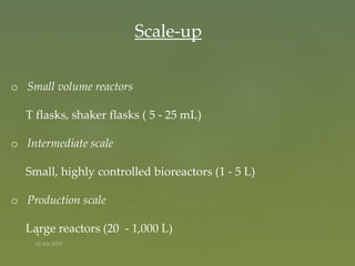 o Small volume reactors
T flasks, shaker flasks ( 5 - 25 mL)
o Intermediate scale
Small, highly controlled bioreactors (1 - 5 L)
o Production scale
Large reactors (20 - 1,000 L)
Scale-up
 