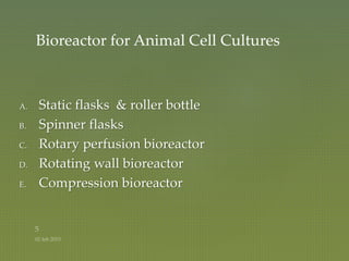 A. Static flasks & roller bottle
B. Spinner flasks
C. Rotary perfusion bioreactor
D. Rotating wall bioreactor
E. Compression bioreactor
Bioreactor for Animal Cell Cultures
 