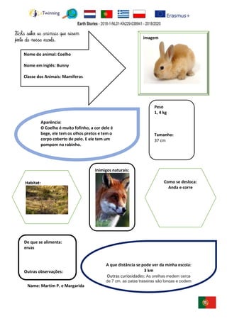 Name: Martim P. e Margarida
imagem
Peso
1, 4 kg
Tamanho:
37 cm
De que se alimenta:
ervas
Outras observações:
Inimigos naturais:
Nome do animal: Coelho
Nome em inglês: Bunny
Classe dos Animais: Mamíferos
A que distância se pode ver da minha escola:
3 km
Outras curiosidades: As orelhas medem cerca
de 7 cm, as patas traseiras são longas e podem
atingir os 9 cm. A cauda é em forma de tufo e as
unhas são grandes e afiadas.
Aparência:
O Coelho é muito fofinho, a cor dele é
bege, ele tem os olhos pretos e tem o
corpo coberto de pelo. E ele tem um
pompom no rabinho.
Como se desloca:
Anda e corre
Habitat:
Ficha sobre os animais que vivem
perto da nossa escola.
 