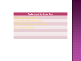Facts about the Polar Bear
Where do polar bears live?
Who are the polar bears prey?
What is the polar bears eating habit?
Pictures of Polar Bears
 