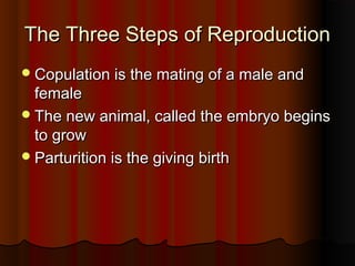 The Three Steps of ReproductionThe Three Steps of Reproduction
Copulation is the mating of a male andCopulation is the mating of a male and
femalefemale
The new animal, called the embryo beginsThe new animal, called the embryo begins
to growto grow
Parturition is the giving birthParturition is the giving birth
 