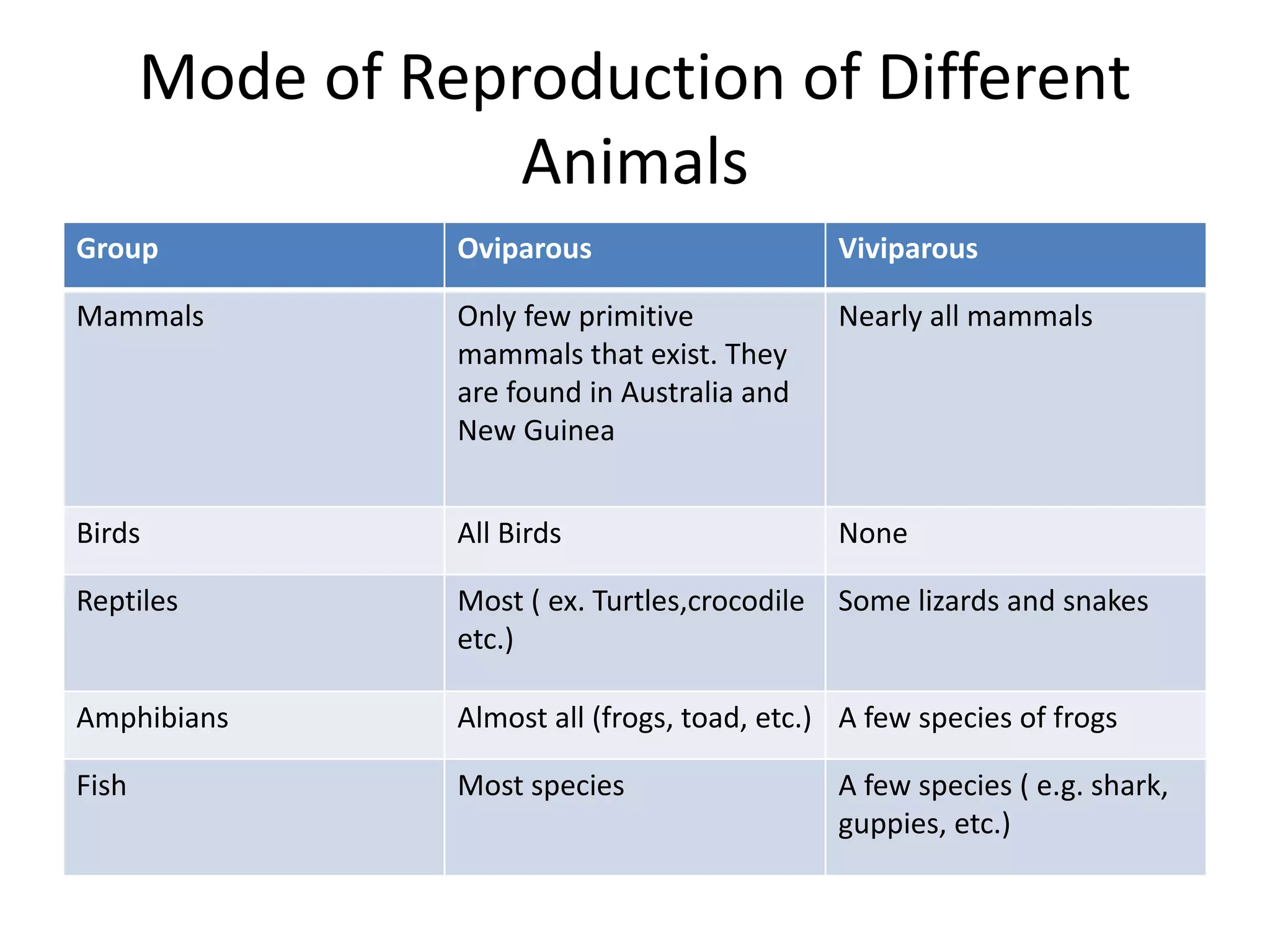 Mode of Reproduction of Different
Animals
Group Oviparous Viviparous
Mammals Only few primitive
mammals that exist. They
are found in Australia and
New Guinea
Nearly all mammals
Birds All Birds None
Reptiles Most ( ex. Turtles,crocodile
etc.)
Some lizards and snakes
Amphibians Almost all (frogs, toad, etc.) A few species of frogs
Fish Most species A few species ( e.g. shark,
guppies, etc.)