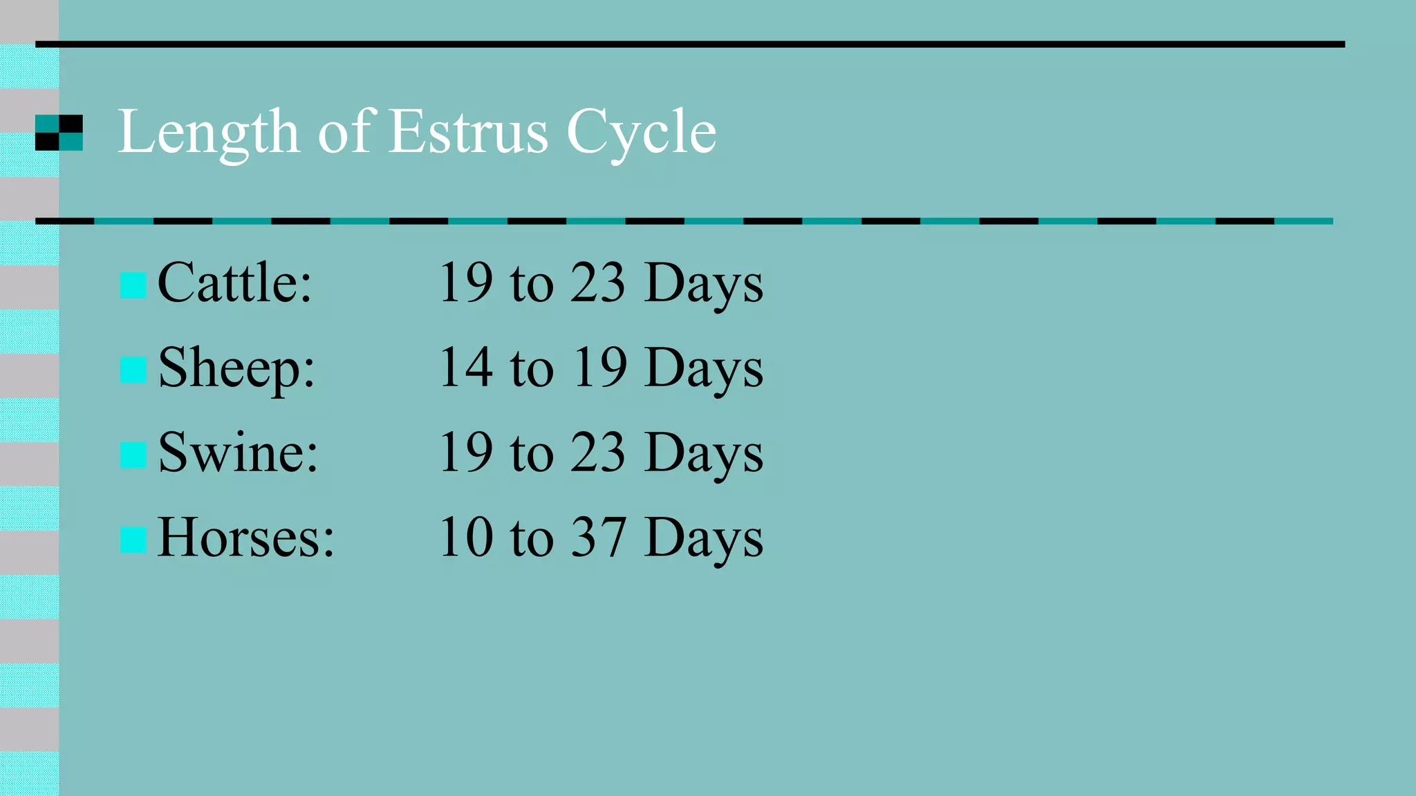 Length of Estrus Cycle
 Cattle: 19 to 23 Days
 Sheep: 14 to 19 Days
 Swine: 19 to 23 Days
 Horses: 10 to 37 Days
 