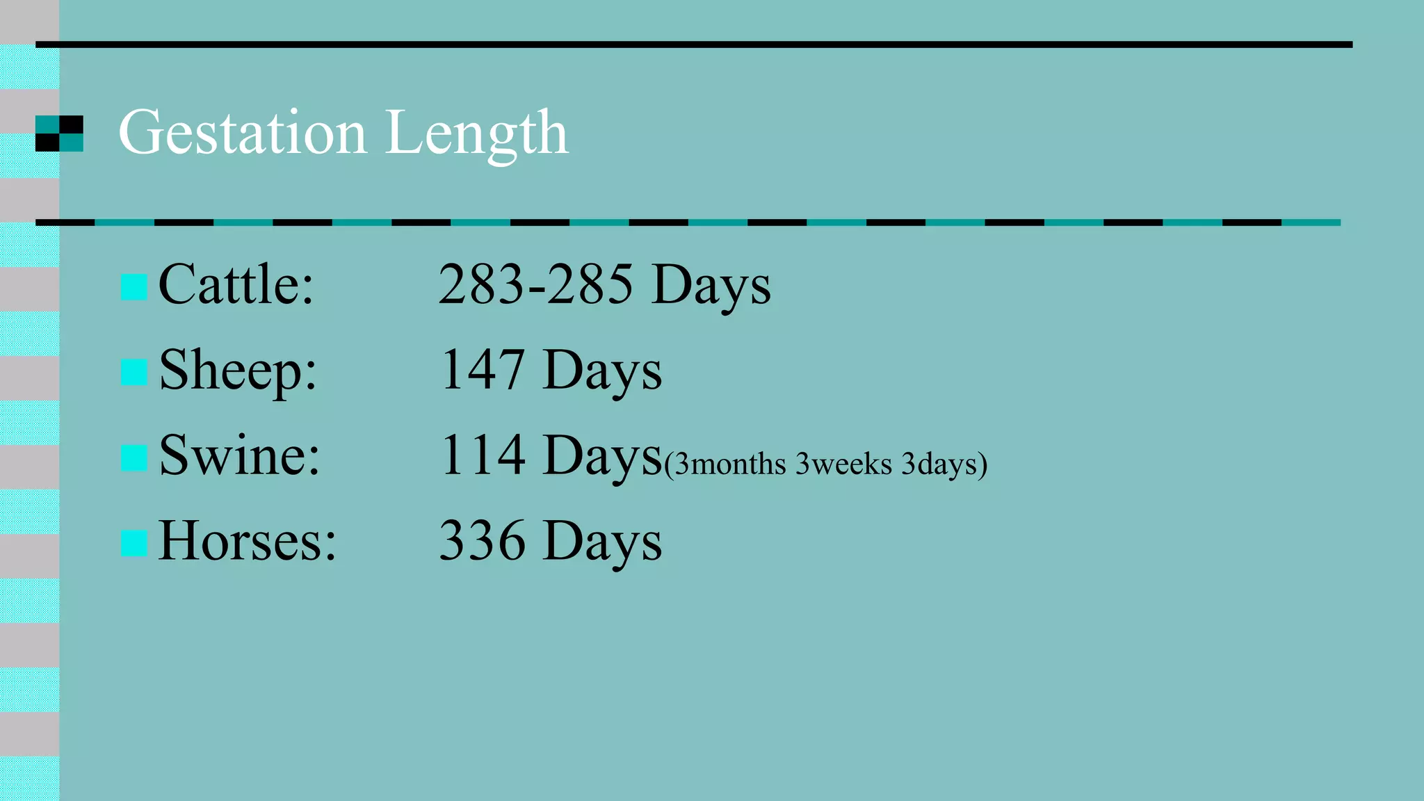 Gestation Length
 Cattle: 283-285 Days
 Sheep: 147 Days
 Swine: 114 Days(3months 3weeks 3days)
 Horses: 336 Days
 