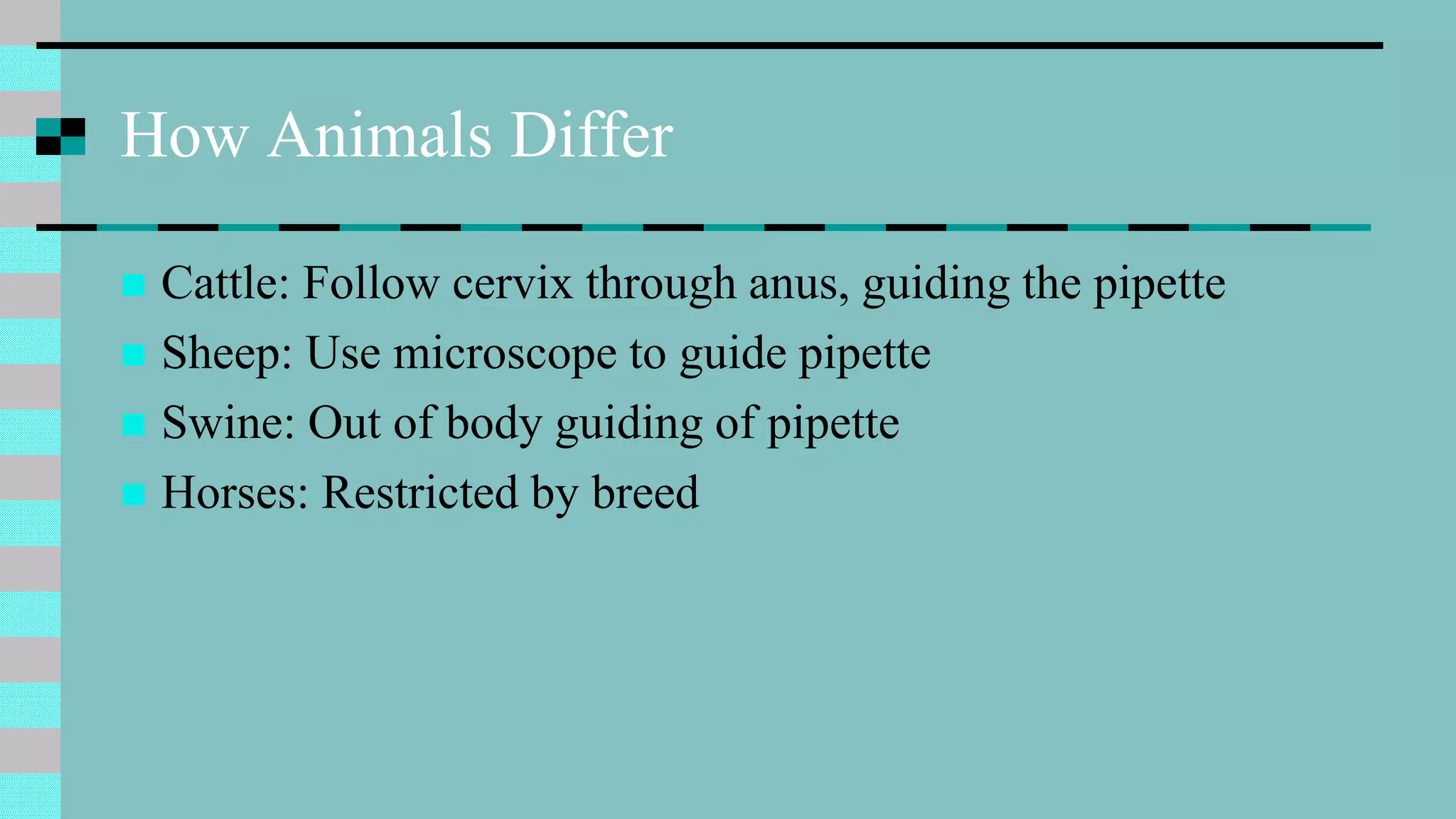 How Animals Differ
 Cattle: Follow cervix through anus, guiding the pipette
 Sheep: Use microscope to guide pipette
 Swine: Out of body guiding of pipette
 Horses: Restricted by breed
 