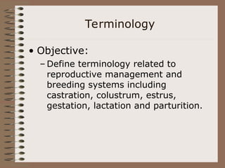 Terminology
• Objective:
– Define terminology related to
reproductive management and
breeding systems including
castration, colustrum, estrus,
gestation, lactation and parturition.
 
