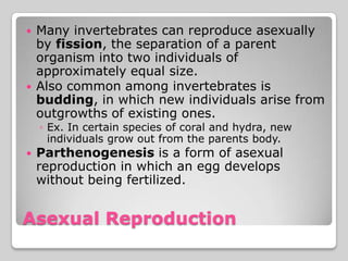    Many invertebrates can reproduce asexually
    by fission, the separation of a parent
    organism into two individuals of
    approximately equal size.
   Also common among invertebrates is
    budding, in which new individuals arise from
    outgrowths of existing ones.
    ◦ Ex. In certain species of coral and hydra, new
      individuals grow out from the parents body.
   Parthenogenesis is a form of asexual
    reproduction in which an egg develops
    without being fertilized.


Asexual Reproduction
 