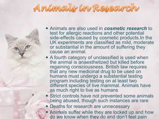  Animals are also used in cosmetic research to
test for allergic reactions and other potential
side-effects caused by cosmetic products.In the
UK experiments are classified as mild, moderate
or substantial in the amount of suffering they
cause an animal.
 A fourth category of unclassified is used when
the animal is anaesthetized but killed before
regaining consciousness. British law requires
that any new medicinal drug to be used on
humans must undergo a substantial testing
program including testing on at least two
different species of live mammal. Animals have
as much right to live as humans
 Strict controls have not prevented some animals
being abused, though such instances are rare
 Deaths for research are unnecessary
 Animals suffer while they are locked up and how
do we know when they do and don’t feel pain

 