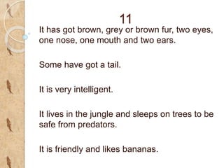 11
It has got brown, grey or brown fur, two eyes,
one nose, one mouth and two ears.
Some have got a tail.
It is very intelligent.
It lives in the jungle and sleeps on trees to be
safe from predators.
It is friendly and likes bananas.
 