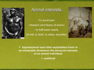 Animal interests: Imprisonment and other exploitation  hurts in an intolerable dimension the personal interests of an animal individual unethical To avoid pain freedom (and liberty of action) to fulfil basic needs (to eat, to drink, to sleep, sexuality) 