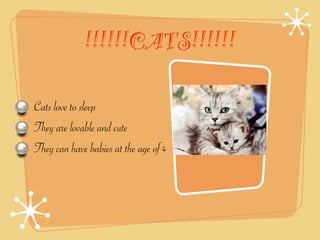 !!!!!!CATS!!!!!!

Cats love to sleep
They are lovable and cute
They can have babies at the age of 4
 