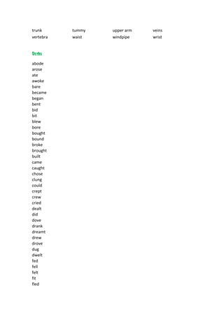 trunk      tummy   upper arm   veins
vertebra   waist   windpipe    wrist


Verbs

abode
arose
ate
awoke
bare
became
began
bent
bid
bit
blew
bore
bought
bound
broke
brought
built
came
caught
chose
clung
could
crept
crew
cried
dealt
did
dove
drank
dreamt
drew
drove
dug
dwelt
fed
fell
felt
fit
fled
 