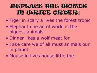 REPLACE THE WORDS
IN WRITE ORDER:
• Tiger in scary a lives the forest tropic
• Elephant one an of world is the
biggest animals
• Dinner likes a wolf meat for
• Take care we of all must animals our
in planet
• Mouse in lives house little the
 
