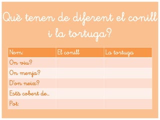 Què tenen de diferent el conill
i la tortuga?
Nom: El conill La tortuga
On viu?
On menja?
D’on neix?
Està cobert de…
Pot:
 