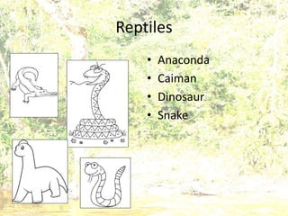 Reptiles
• Anaconda
• Caiman
• Dinosaur
• Snake
 