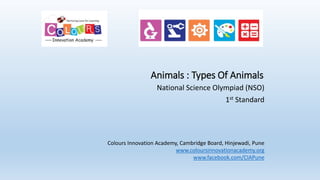 Animals : Types Of Animals
National Science Olympiad (NSO)
1st Standard
Colours Innovation Academy, Cambridge Board, Hinjewadi, Pune
www.coloursinnovationacademy.org
www.facebook.com/CIAPune
 