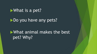 What animal makes the best
pet? Why?
What is a pet?
Do you have any pets?
 