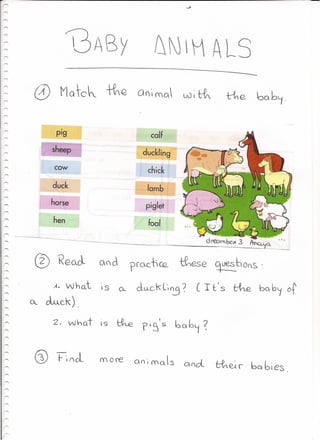 GNIM ALS
-
duckling
chick
.
p'g colf
sheep
cow
duck lornb
horse piglet
foolhen
® 'ReGla.. (A()d rpfQctce. ~ese ~6o()s ~
A4 WhQt 13 CL dÁckl',~ ? e 1-lIs t-he bQb~ of
o, cLAc<:)
2. Who:t ~
I
bQb~ ~19 piS s
rr-;

 