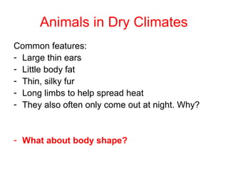 Animals in Cold Climates
Common features:
- Thick fur coats
- Layer of blubber under the skin
- Colour – many change colour in the
summer

- What about body shape?

 