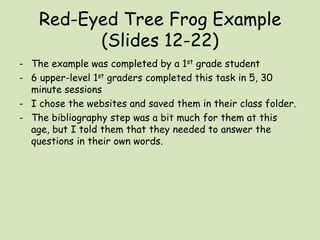 Red-Eyed Tree Frog Example (Slides 12-22)The example was completed by a 1st grade student